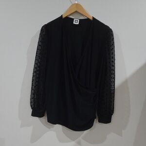 Anne Klein Black Mesh Polka Dot Sheer Sleeve Draped Pullover Blouse V-Neck- Xl